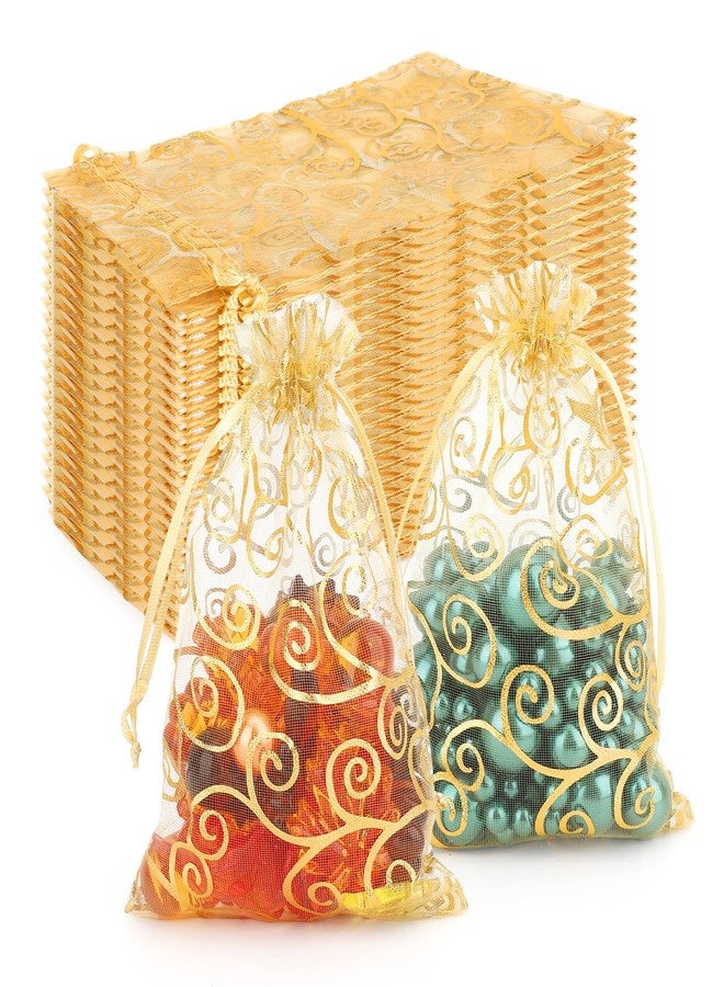 WSepascI Organza Gift Bags, 50Pcs Gold Sheer Organza Bags, 4 × 6 Inch Mesh Drawstring Bag, Rattan Printed Jewelry Gift Pouches Candy Bag for Valentines Wedding Couple Shower Birthday Christmas Party Favors - Image 1